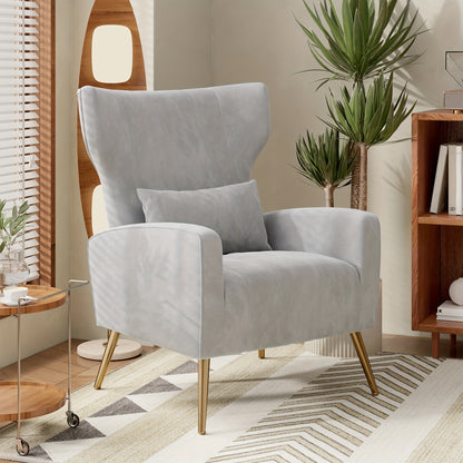 Modern Velvet Accent Chair with Metal Legs and Head Support – Cozy Mid-Century Reading Armchair, Includes Cushion and Footrest, Available in Gray/Yellow/Black