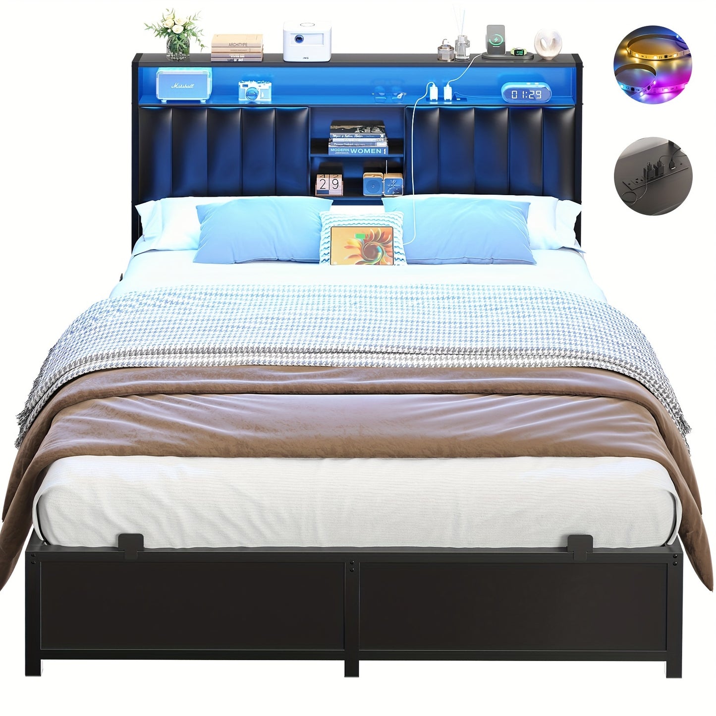 Aheaplus Queen Size Bed Frame with Charging Station & Led Lights, Platform Bed with Leather Upholstered Headboard and Storage, Metal Slats Support No Box Spring Needed, Noise-Free, Black