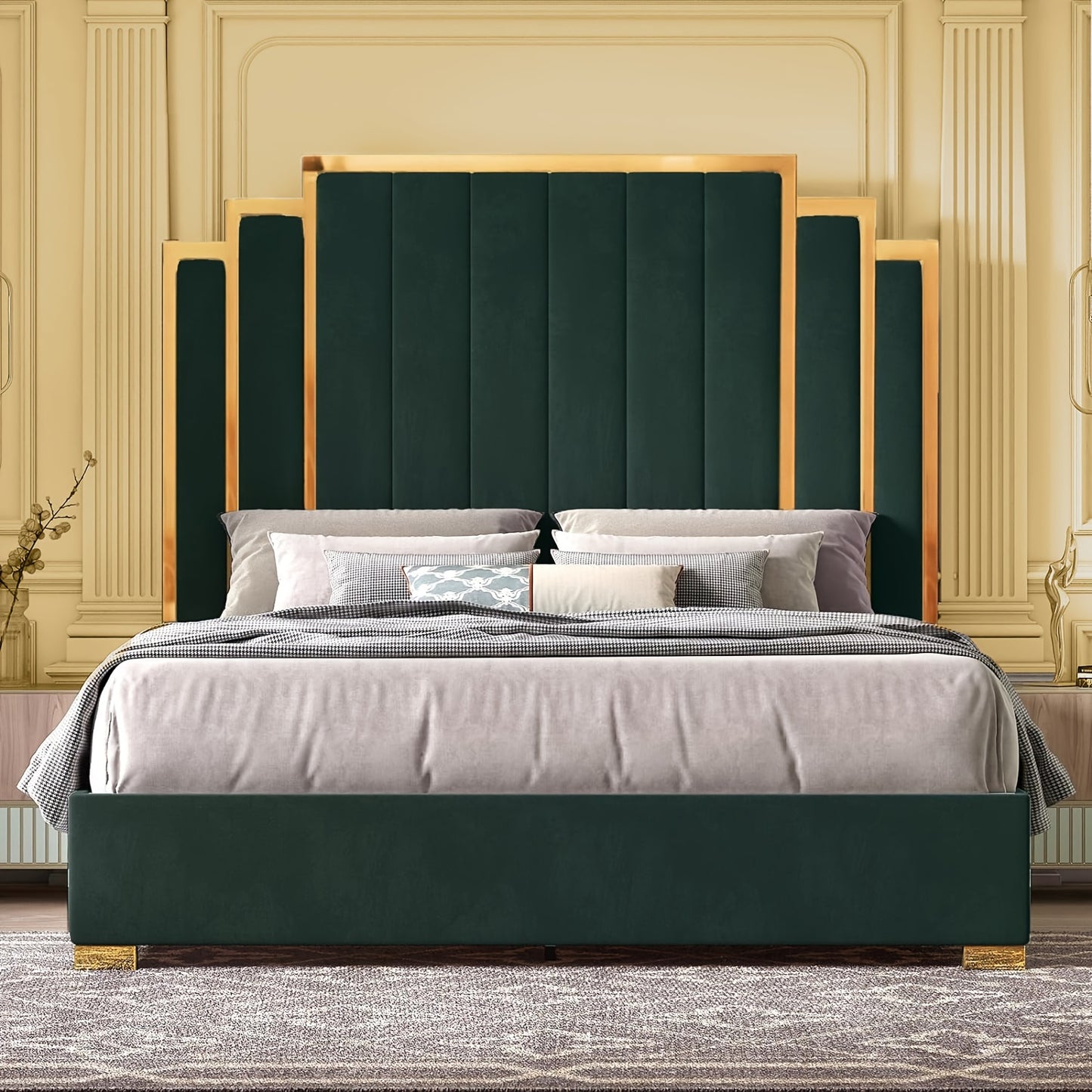 Papajet Golden Trimmed Upholstered Bed Frame with 61-Inch Headboard - Modern Platform Style