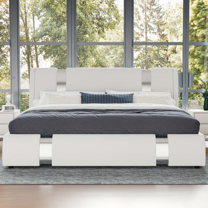 WEEWAY Bed Frame With Modern Iron Pieces Decor, Faux Leather Platform Bed With Curved Adjustable Headboard, Wood Slat Support, No Box Spring Required