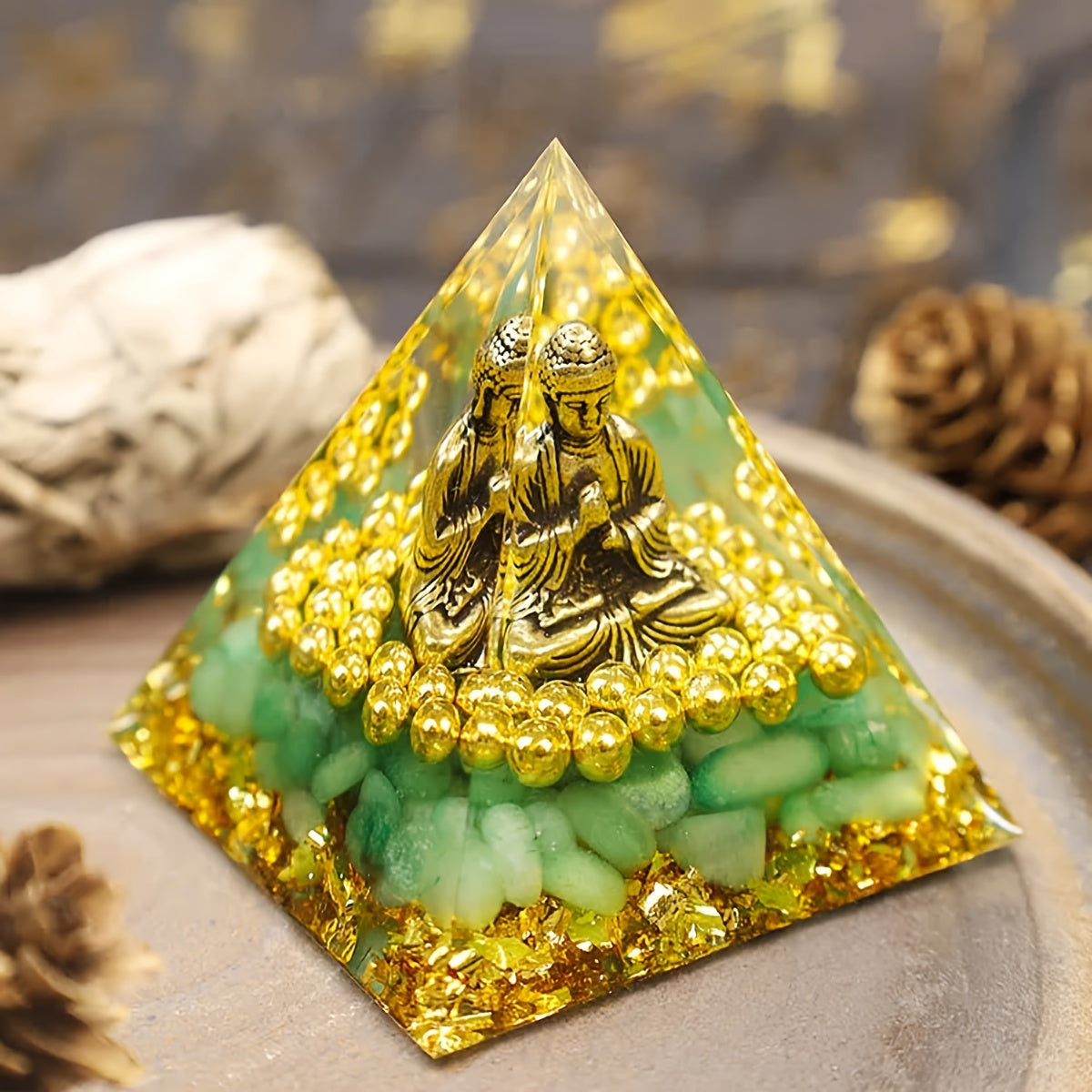 "Serenity Enhancer" 1pc Golden Beaded Buddha Orgone Pyramid With Natural Crystal Chips - Amethyst Energy Generator For Positive Vibes, Home & Yoga Decor