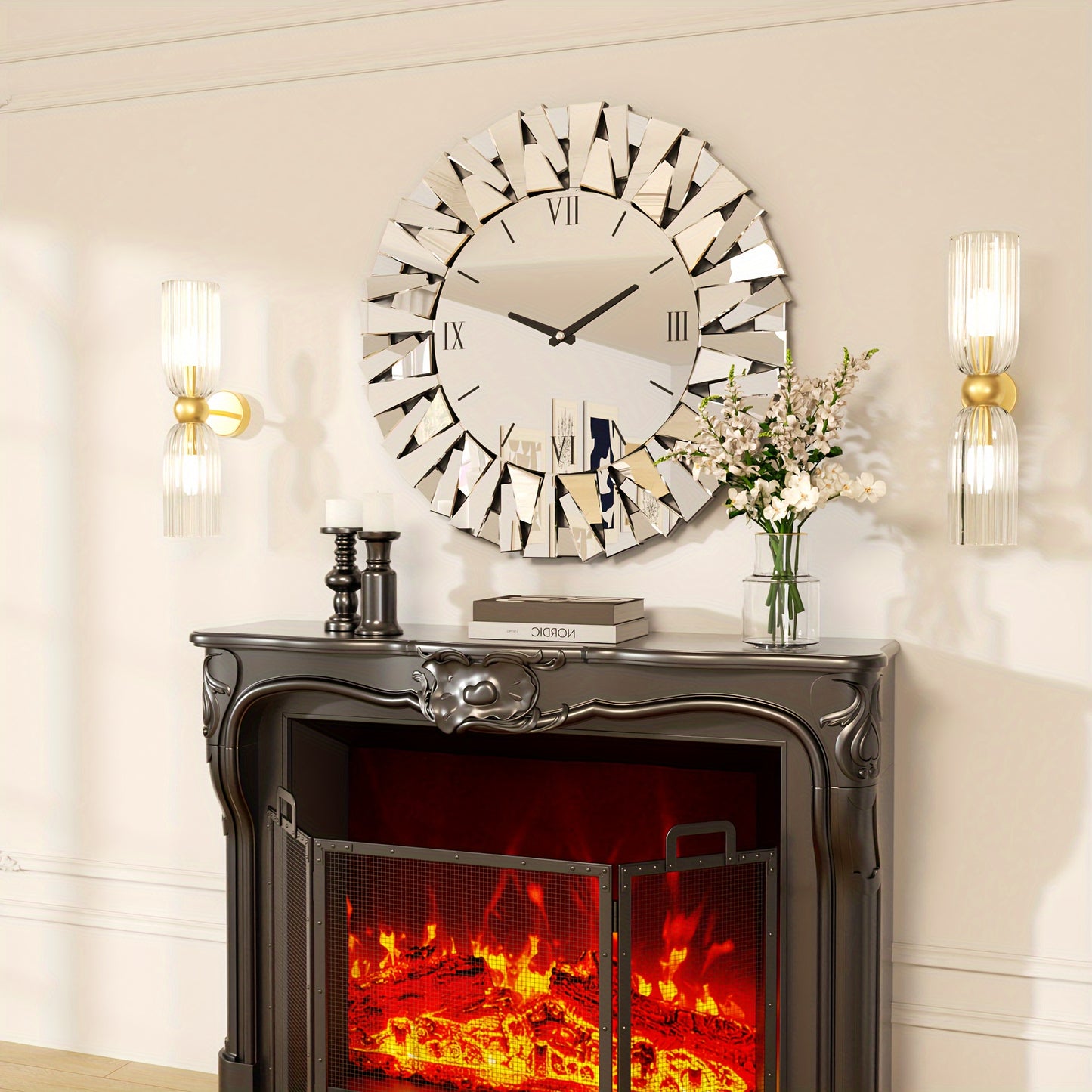 32 Inch Modern Decorative Mirrored Wall Clock Round Wall-Mounted Mirror Wall Clock With Beveled Glass Edge