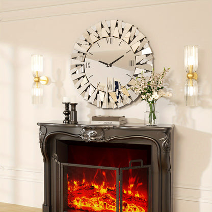 32 Inch Modern Decorative Mirrored Wall Clock Round Wall-Mounted Mirror Wall Clock With Beveled Glass Edge