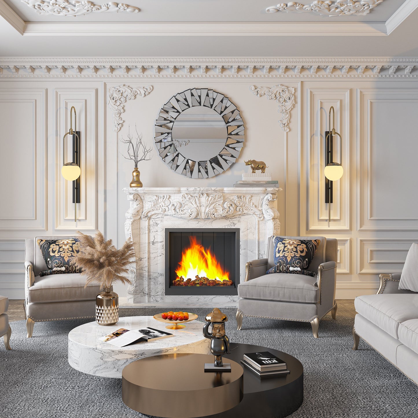 Round Decorative Mirror Wall 32 inch Large Silver Vanity with Beveled Glass Frame Edge and Back for Modern Home Mirrored Art Accent Decor Bathroom Bedroom Living Room