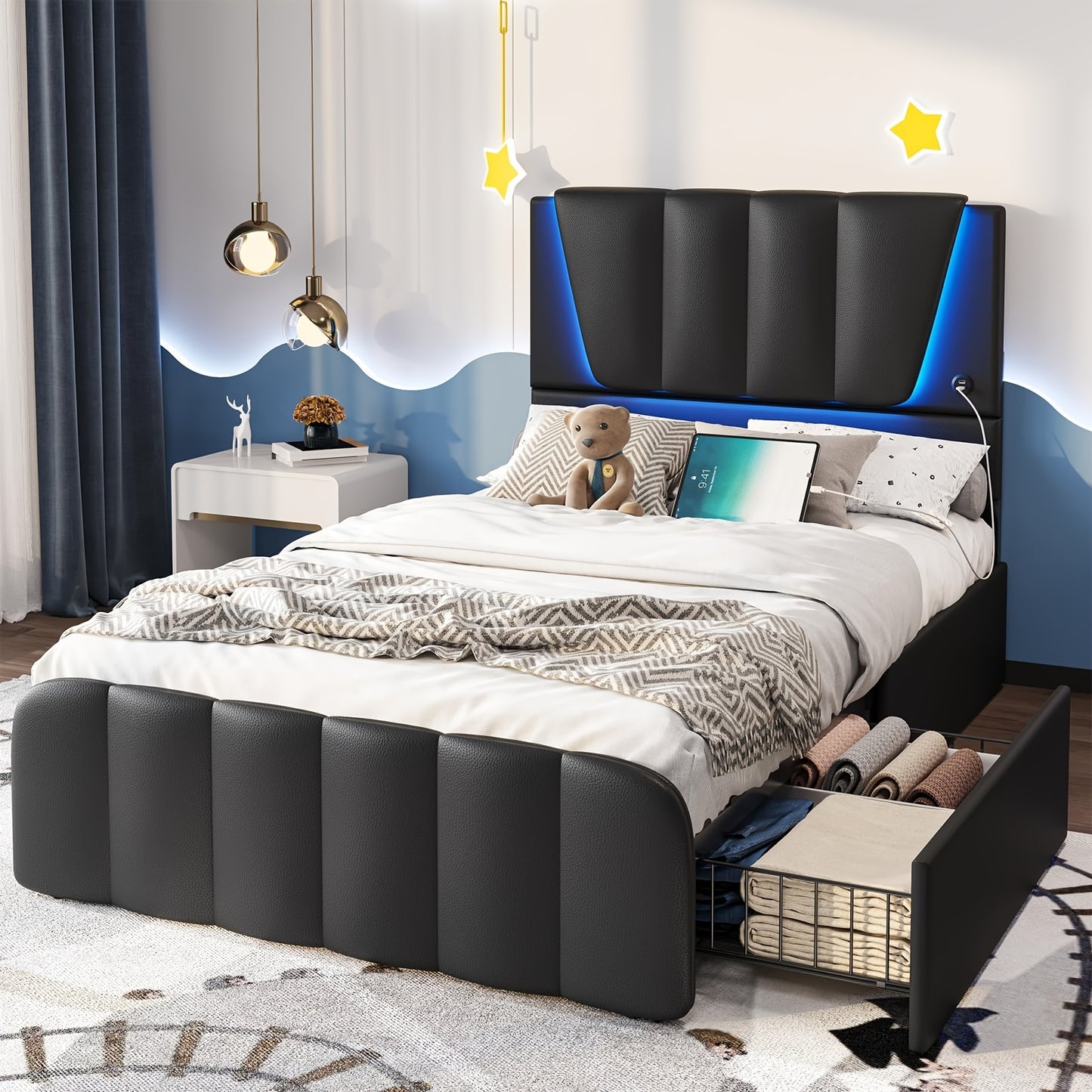 Twin Bed Frames With Storage Drawers And LED Lights, Bed Frame Twin Size With Height Adjustable Headboard, No Box Spring Needed, Cream White/Black