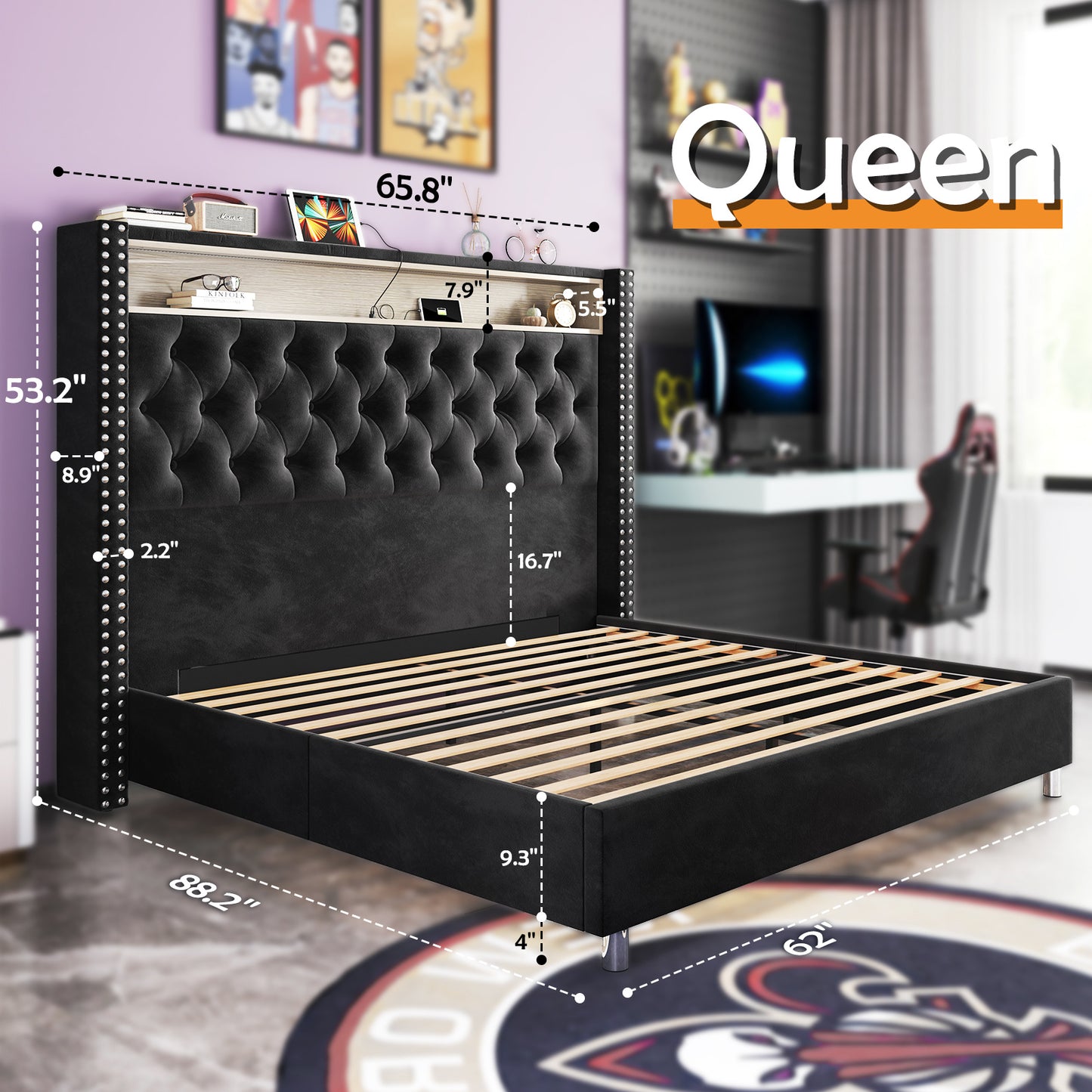 Albott Velvet Wingback Bed Frame with LED USB charging station, 53.2 in tall tufted headboard, black, no-box-spring.