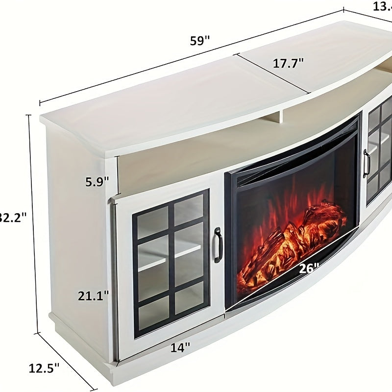 59-Inch Curved Fireplace TV Stand: Farmhouse Style Entertainment Center with 26'' Electric Fireplace, Glass Door Storage Cabinet, and Open Shelves, Fits TVs up to 65"