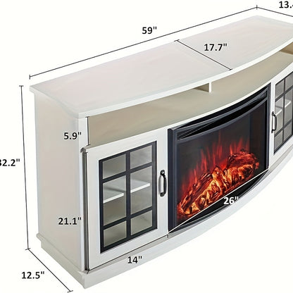 59-Inch Curved Fireplace TV Stand: Farmhouse Style Entertainment Center with 26'' Electric Fireplace, Glass Door Storage Cabinet, and Open Shelves, Fits TVs up to 65"