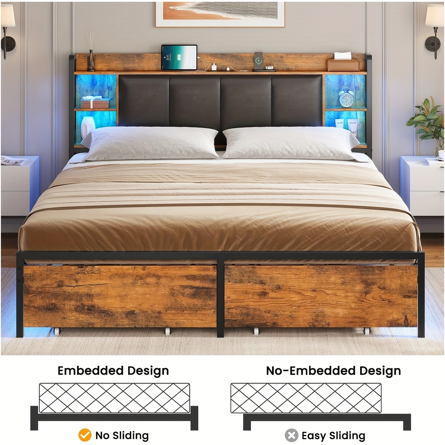 Queen Size Bed Frame with LED Lights, Modern Platform Bed Frame with 2 Storage Drawers and Headboard (Rustic Brown)