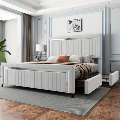 LUXOAK Queen Size LED Platform Bed Frame with Upholstered Design, Includes 4 Storage Drawers, Adjustable Headboard with Vertical Channels, No Box Spring Needed