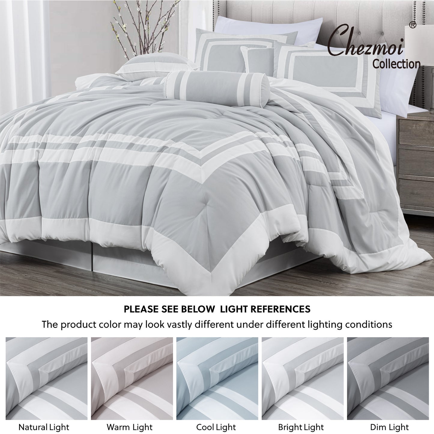 Caprice 7-Piece Modern Hotel Style Square Pattern Comforter Set with Decorative Pillows, Cal King/King/Queen/Full Size