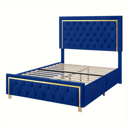 IndustraGear Queen Size Bed Frame with 51. 52Inch Tall Button Tufted Headboard, Velvet Upholstered Platform Bed Frame with Golden Trim, Modern Bed Frame/ No Box Spring Required/ Blue