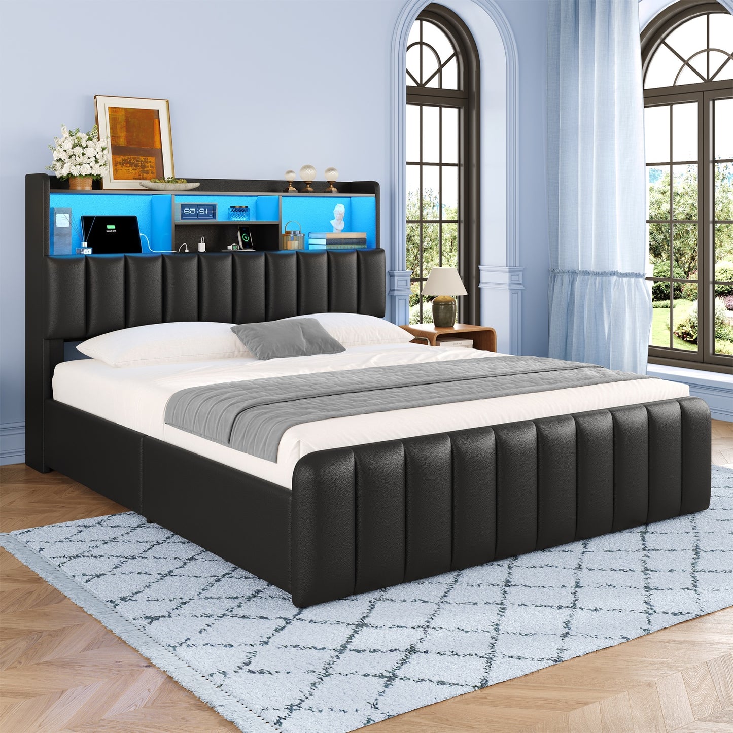 Queen Size Storage Bed Frame with LED Lights and Charging Station | Modern Upholstered Bed, Faux Leather, Bookcase Headboard, Drawers, Metal Slats, No Box Spring Needed, Black