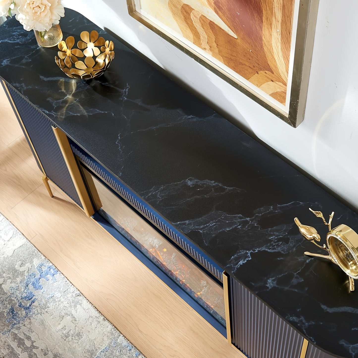 [Luxury Living] Luxury 70" Fluted Fireplace TV Stand, Modern Chic Entertainment Center for TVs Up to 80", White with Golden Accents, Faux Marble Top, Curved Design, Media Console for Living Room, Media Storage Unit | Sophisti