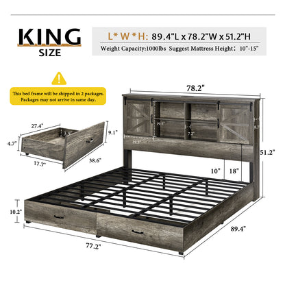 Farmhouse-Style Wooden Platform Bed Frame Boasting a 51.2" Bookcase Headboard, Integrated Storage with a Sliding Barn Door Charging Station and 2 Drawers - No Box Spring Required, Totally Noise-Free