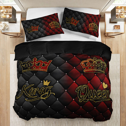2/3pcs King and Queen Luxury Dark Red and Golden Crown Duvet Cover Set, 1 Duvet Cover + 1/2 Pillowcases (No Insert), All-Season Home and Dormitory High-Definition Print