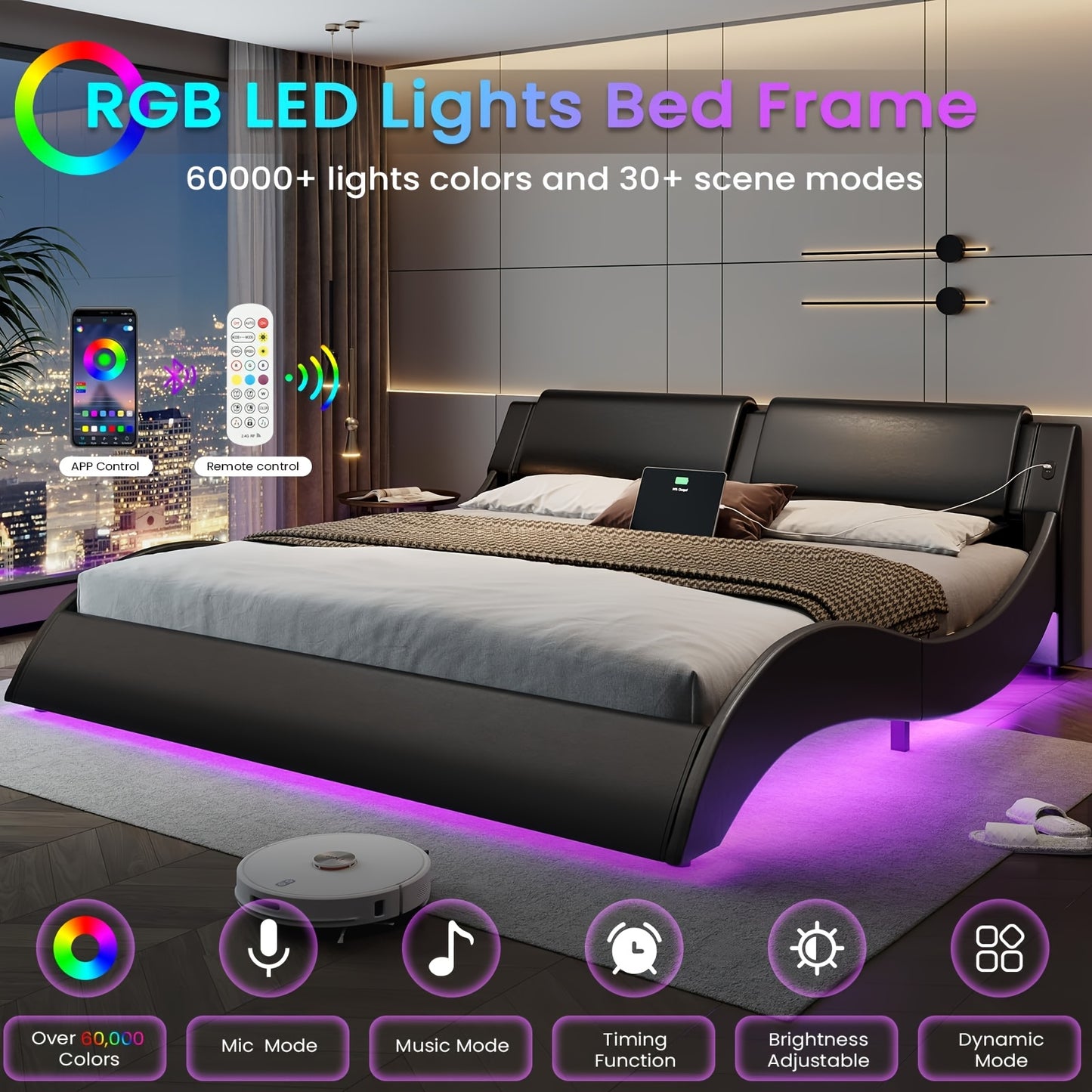Modern Black Bed Frame with RGB LED Lights, USB & Type-C Ports - Easy Assembly, Faux Leather Wave Design Headboard