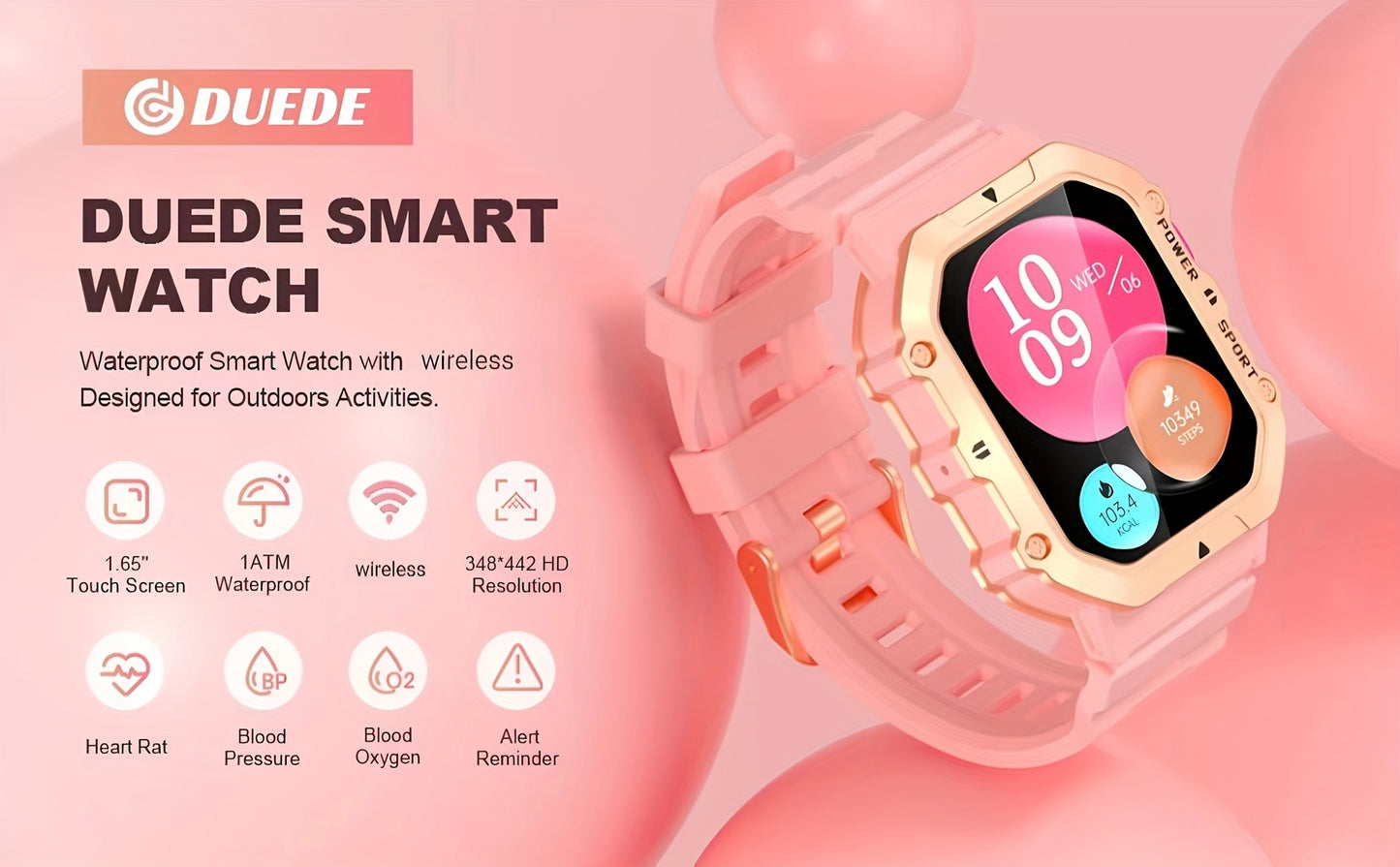 Smart Watch (Answer/Make Calls) - DUEDE 1.65" Touch Screen For Women, 1ATM, 100+ Sport Modes, Fitness Activity Tracker, Female Health Record Pedometer, For Android & IOS, 2024, Pink