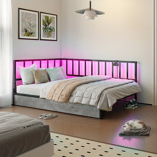 MSmask Twin Size Corner Bed Frame With Charging Station&Led Lights, Twin Metal Corner Bed Frame With 2 Storage Drawers, Twin Size Platform Bed Daybed Frame For Bedroom, Black