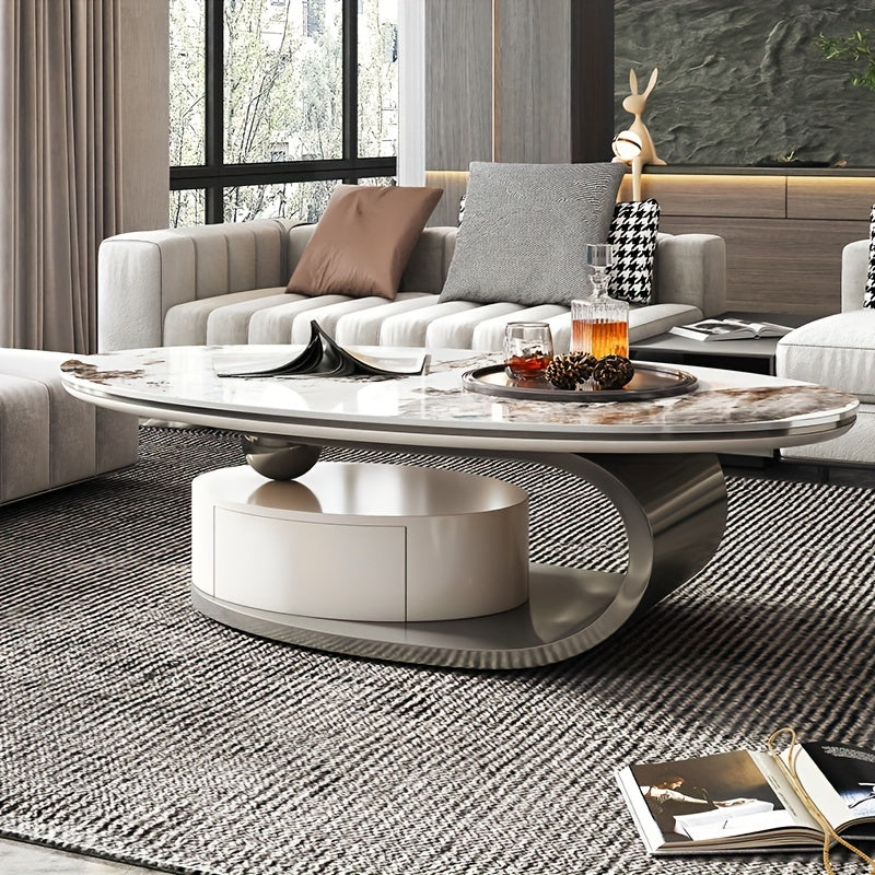 1 Pc Luxury Modern Oval Coffee Table, High And Low Design, Metal And Faux Marble With Drawer