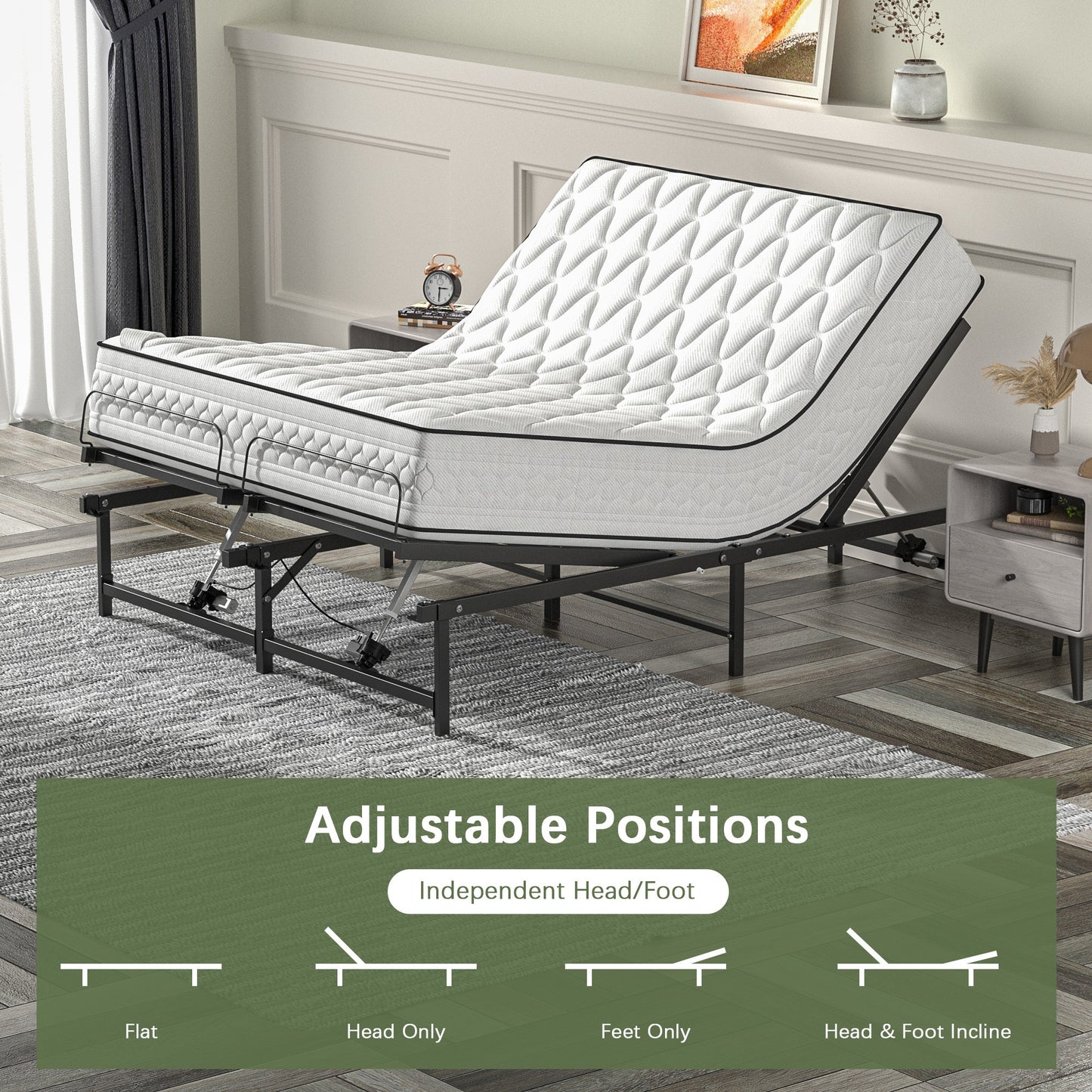 Adjustable Bed Frame Queen Size Electric Adjustable Bed Base with Head and Foot Incline Low-Noise Motor and Remote Control, Electric Bed Frame Fit for Most Mattress, Black