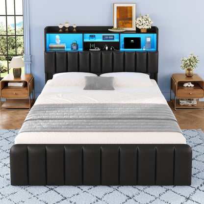 Queen Size Storage Bed Frame with LED Lights and Charging Station | Modern Upholstered Bed, Faux Leather, Bookcase Headboard, Drawers, Metal Slats, No Box Spring Needed, Black