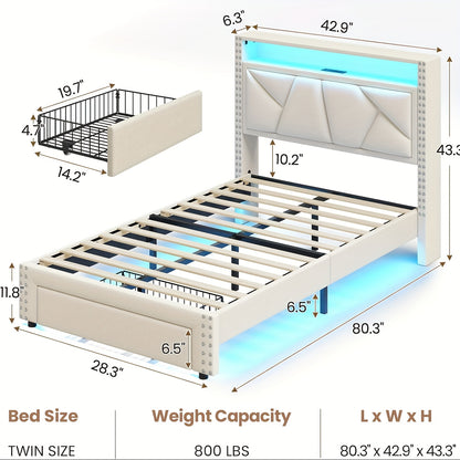 MSmask Twin Size Elegant Bed Frame with Shelf Headboard & 2 Storage Drawers, Upholstered Platform in Cream White/Dark Grey - Modern Metal Design with Charging Station & LED Lights, Sturdy & Secure for a Peaceful Sleep, MSMASK
