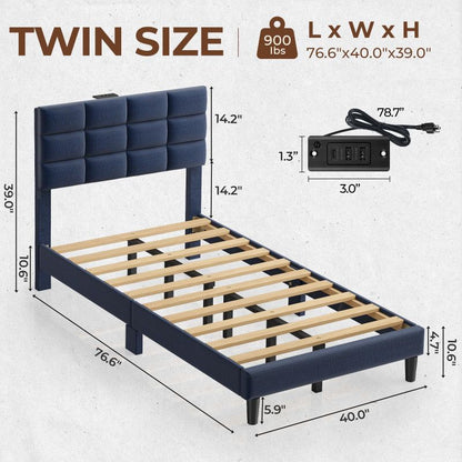 Twin/Full/Queen/King Size Platform Bed Frame with Fabric Upholstered Headboard and Wooden Slats Support, Leather Upholstered Headboard, and Built-in Charging Station, Upholstered Mattress Foundation/No Box Spring Needed/Easy