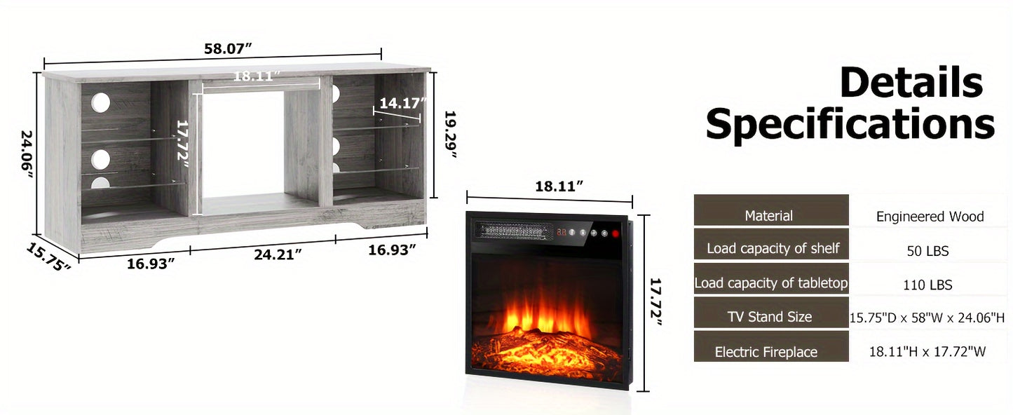 OFIKA 58 Inches Fireplace TV Stand for TVs up to 65 Inches Console with 18'' Electric Fireplace & Remote, Wooden Modern Entertainment Center for Living Room with LED Light Glass Shelves