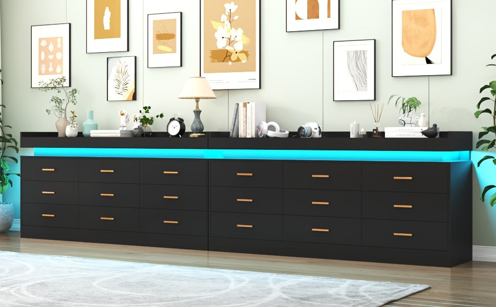 9 Drawer Dresser With LED Light, Modern Chest Of Drawers For Closet, Wide Drawer Organizer Cabinet For Bedroom, Living Room, Entryway, Hallway (9 Drawer White) Black