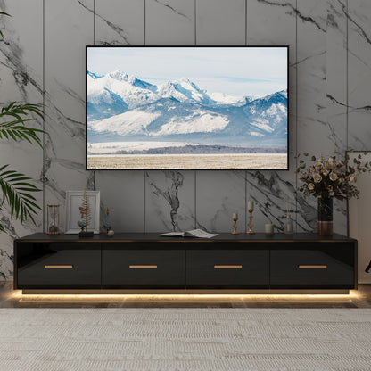 Modern High Gloss TV Stand, Floor Standing TV Cabinet, Gaming And Entertainment Center Console Table, with 4 Drawers And LED Lights, Stylish Design, Black