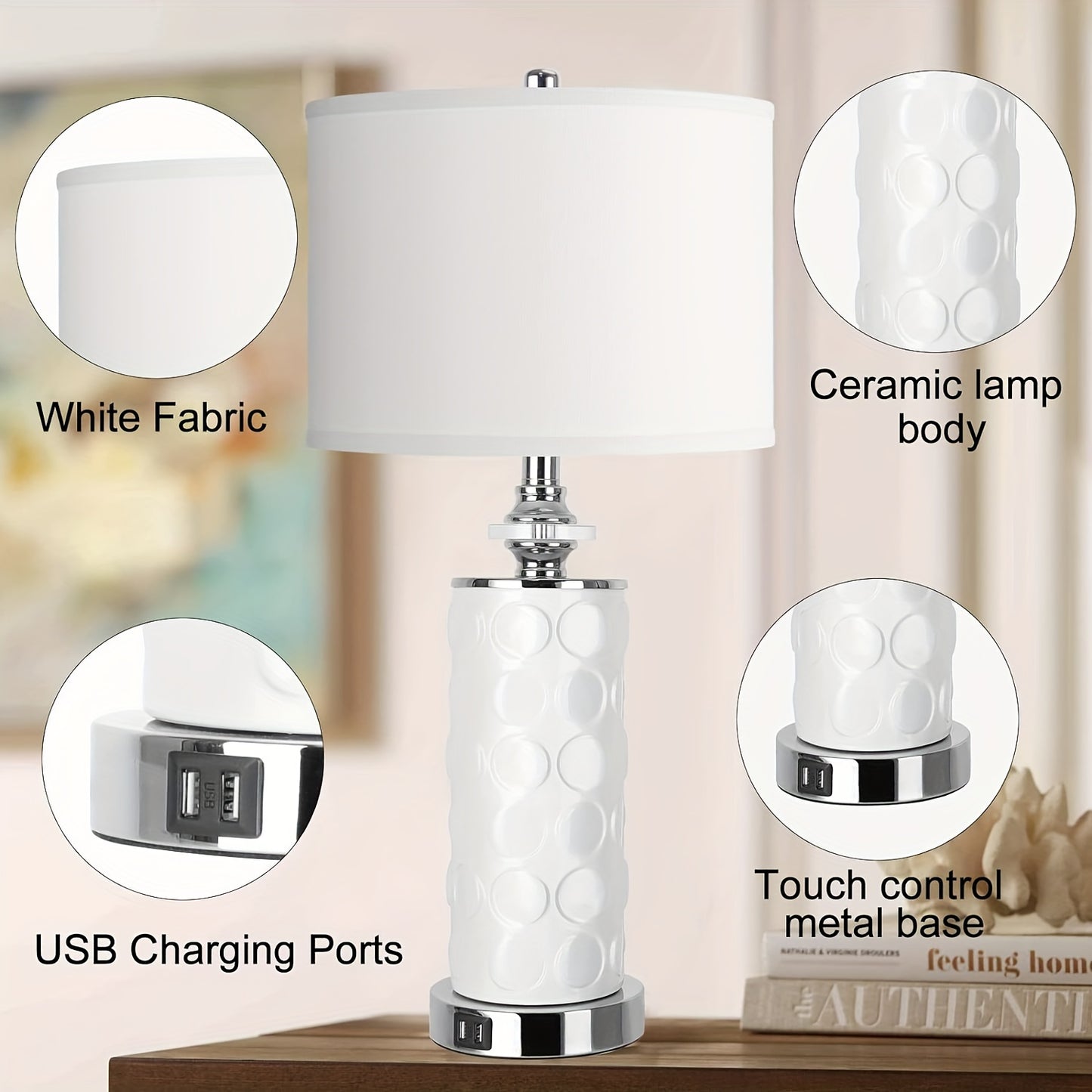 QiMH Modern Ceramic Tall Table Lamp for Bedroom, Living Room, Set of 2, 3-Direction Dimmable Touch Control Bedside Lamp with Dual USB Ports for Nightstand, 27'' White