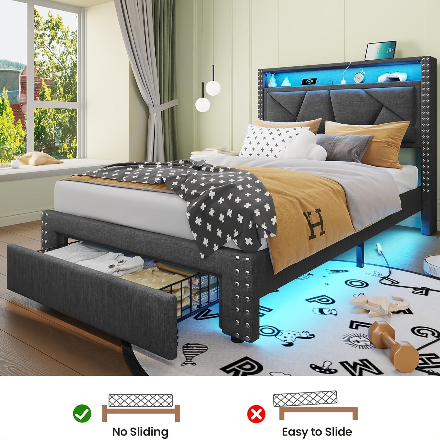 MSmask Twin Size Elegant Bed Frame with Shelf Headboard & 2 Storage Drawers, Upholstered Platform in Cream White/Dark Grey - Modern Metal Design with Charging Station & LED Lights, Sturdy & Secure for a Peaceful Sleep, MSMASK