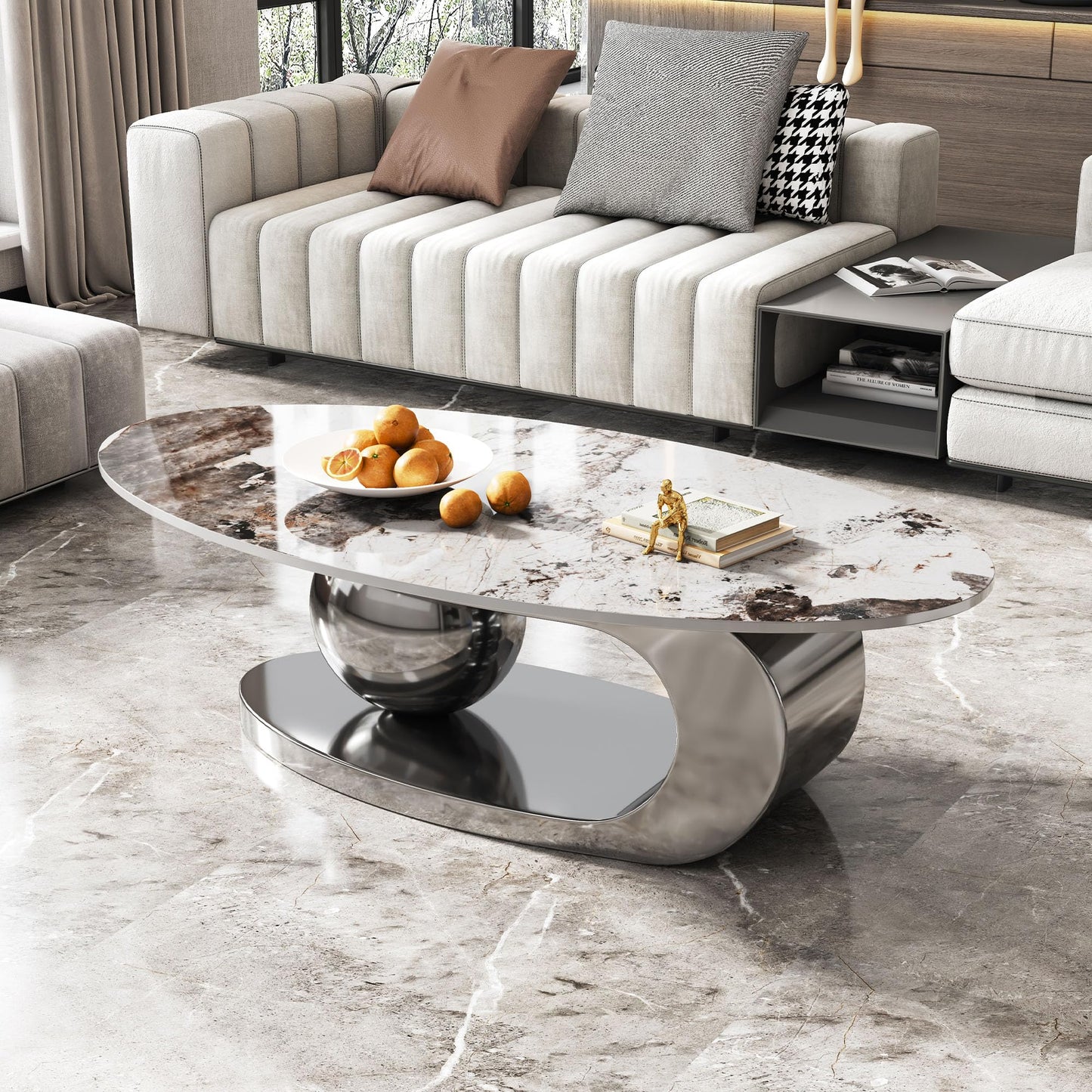 Modern Oval Faux Marble Coffee Table Faux Marble Coffee Table - Gold Metal Base