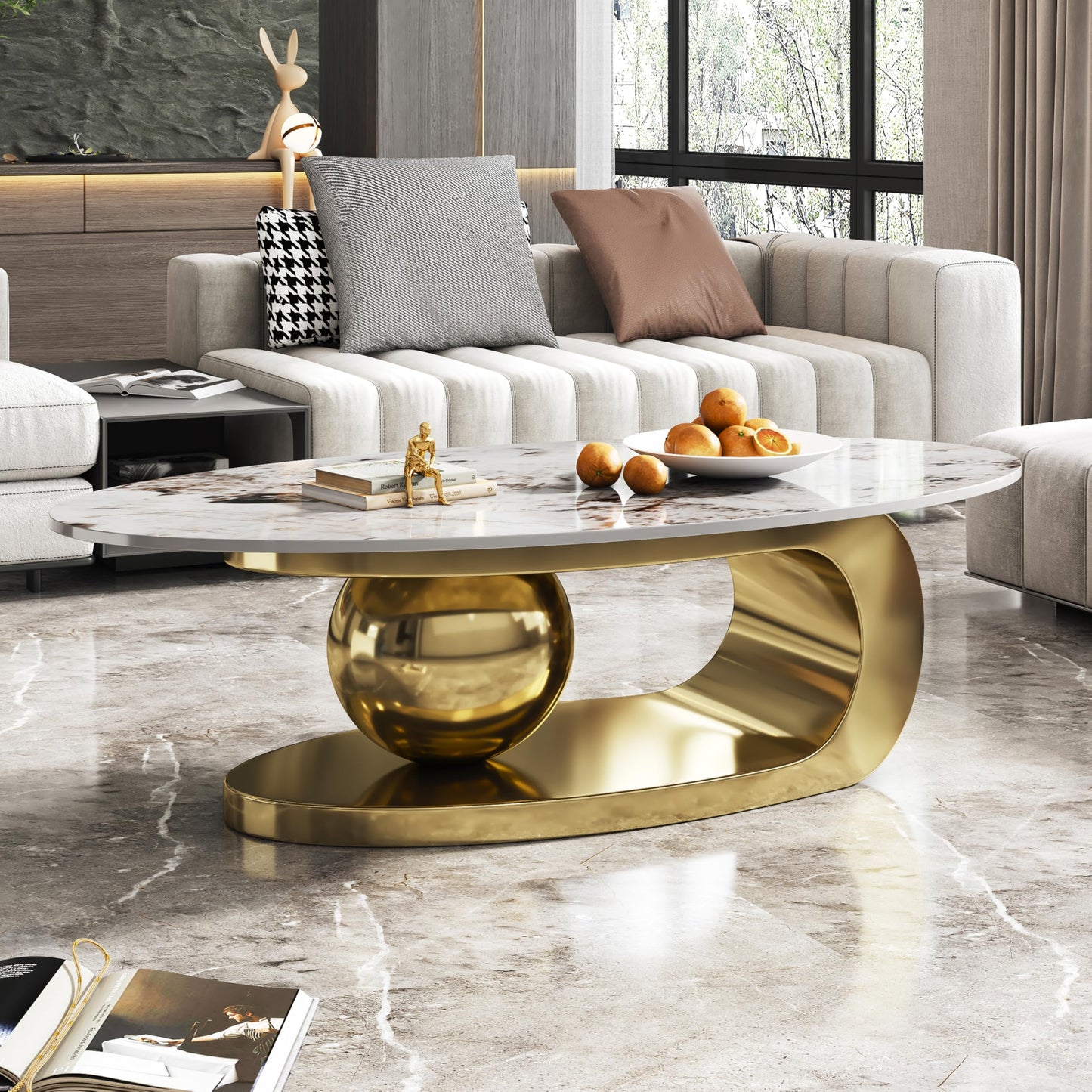 Modern Oval Faux Marble Coffee Table Faux Marble Coffee Table - Gold Metal Base