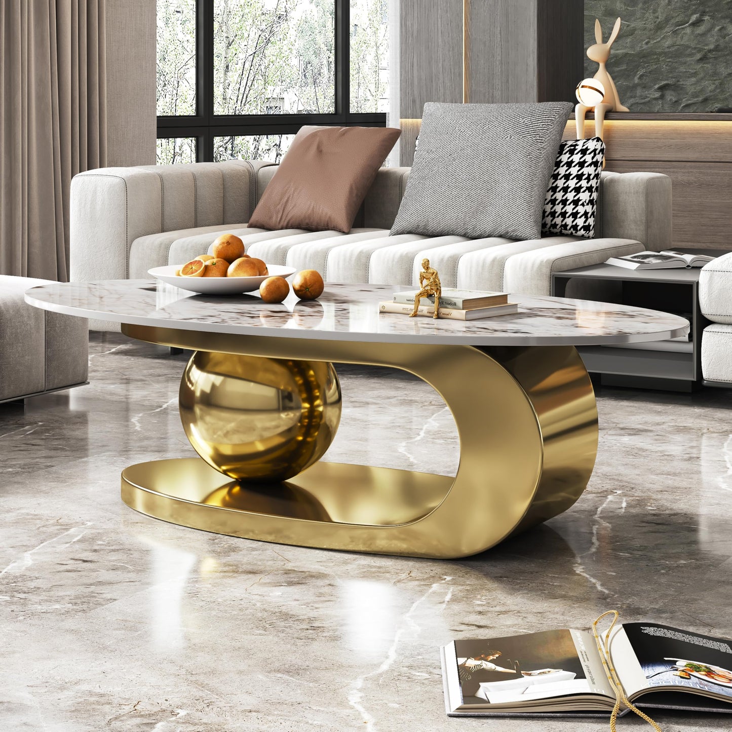 Modern Oval Faux Marble Coffee Table Faux Marble Coffee Table - Gold Metal Base