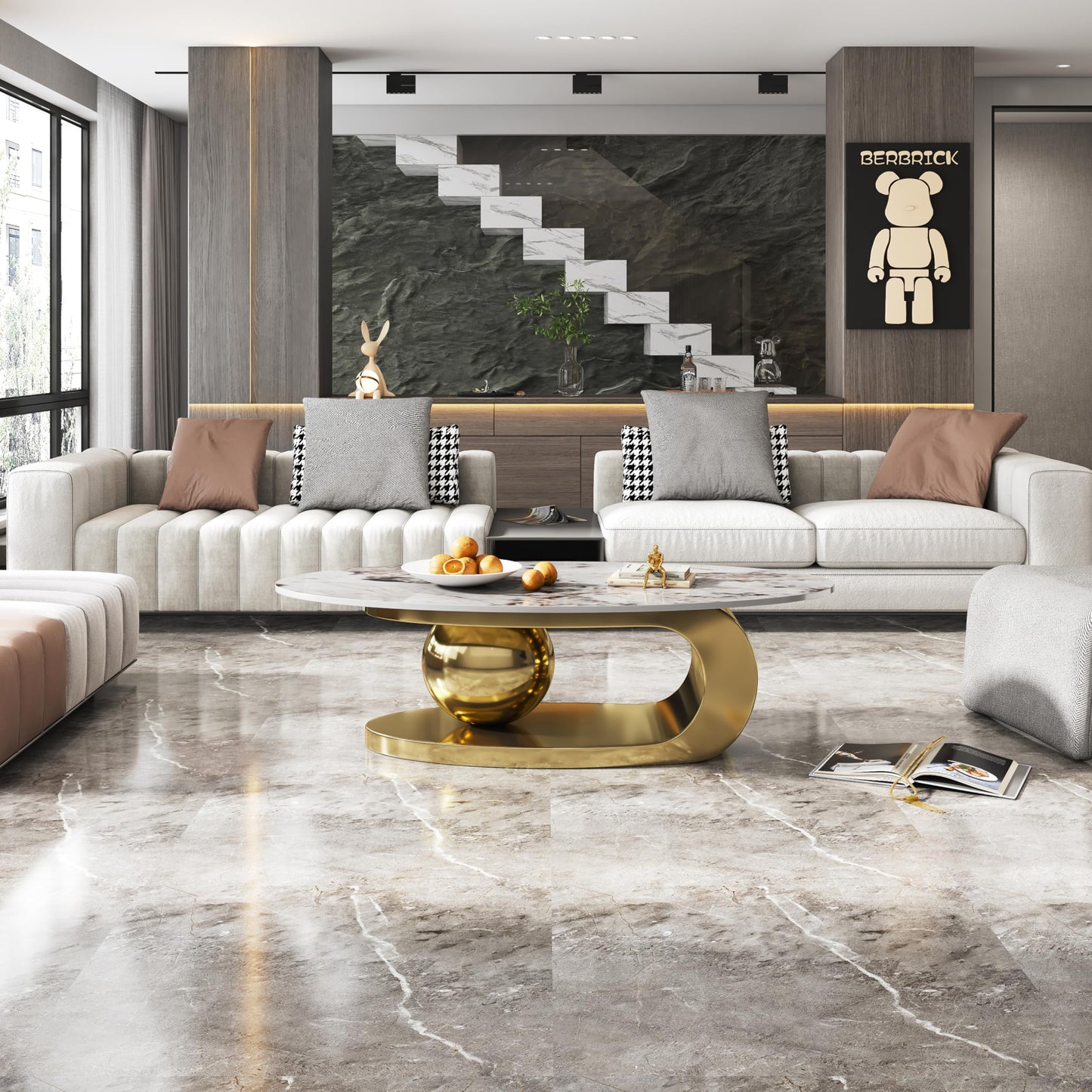 Modern Oval Faux Marble Coffee Table Faux Marble Coffee Table - Gold Metal Base