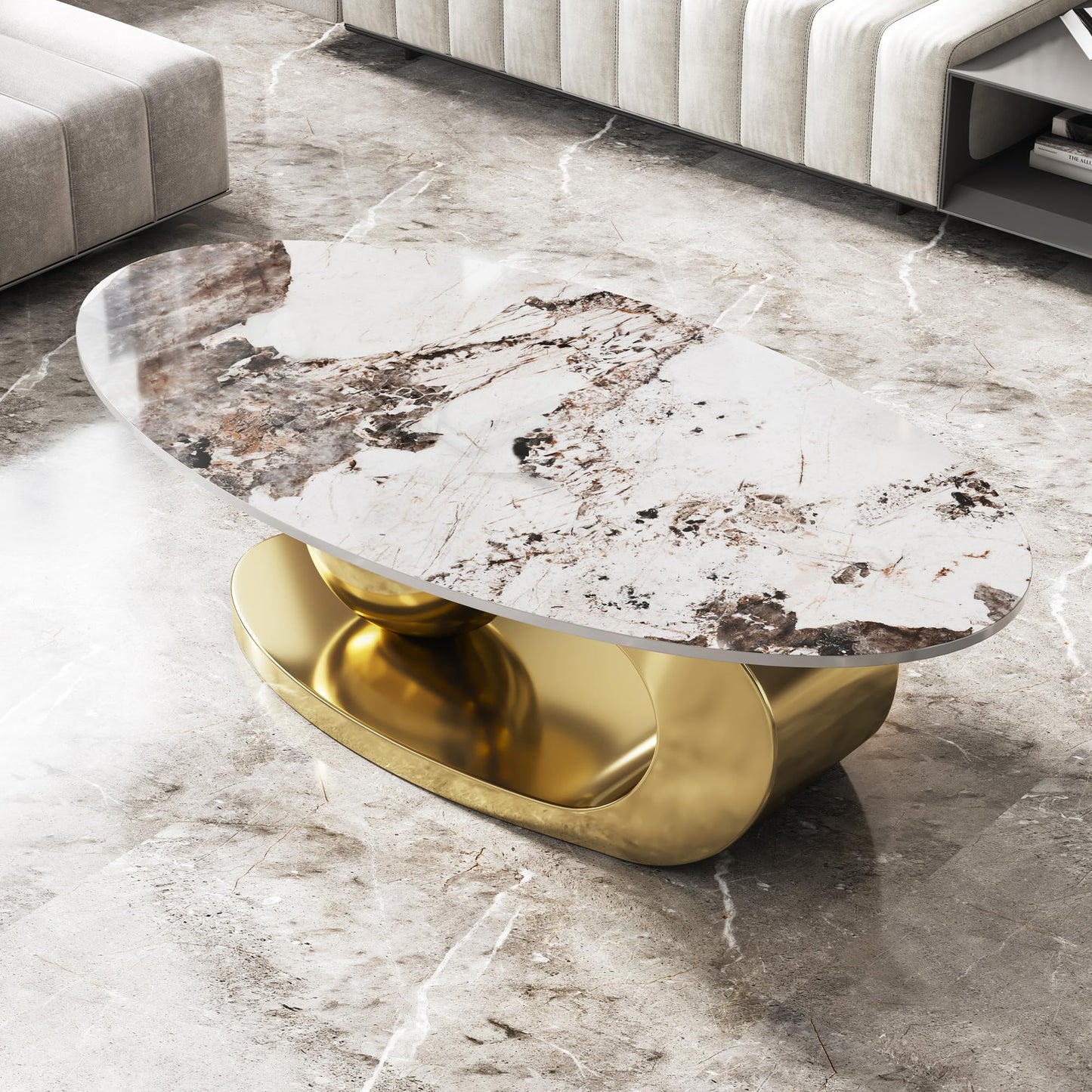 Modern Oval Faux Marble Coffee Table Faux Marble Coffee Table - Gold Metal Base