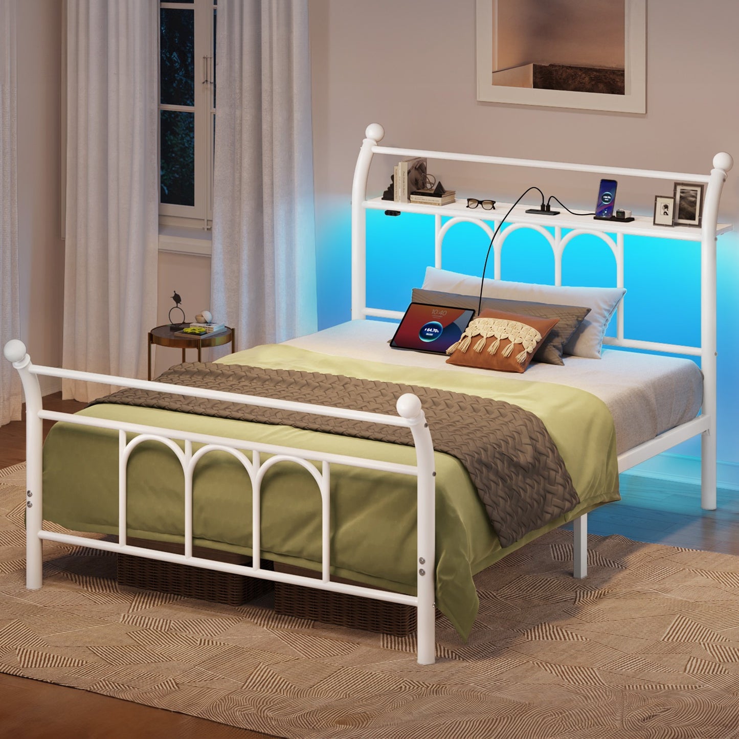 Classic Metal Platform Bed Frame with Victorian Style Iron-Art Headboard/Footboard/Under Bed Storage/No Box Spring Needed
