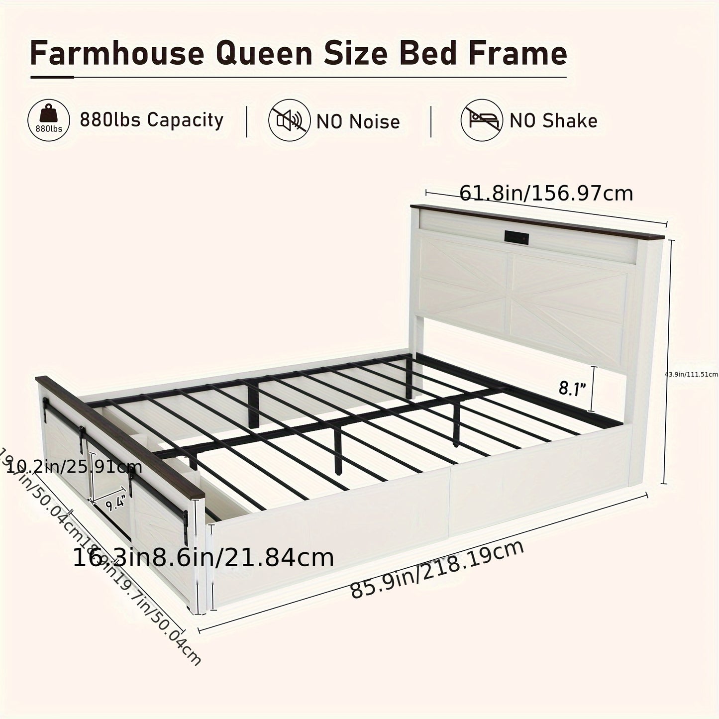 Farmhouse Queen Bed Frame - LED Lights & Charging Station