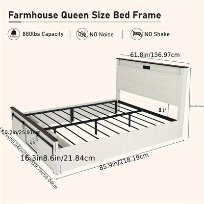 Farmhouse Queen Bed Frame - LED Lights & Charging Station