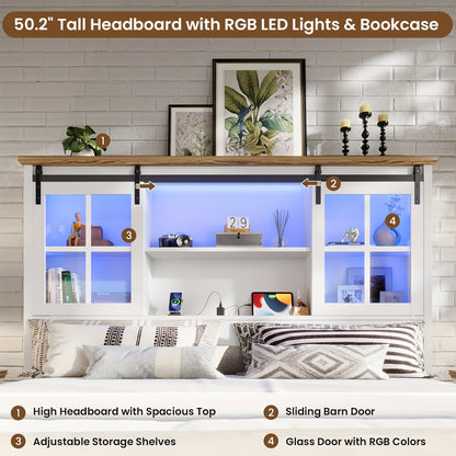 Farmhouse Queen Size Bed Frame with Bookcase Headboard Platform Bed Frames with LED Lights & Charging Station, Queen Storage Bed with Sliding Barn Door, Noiseless, White