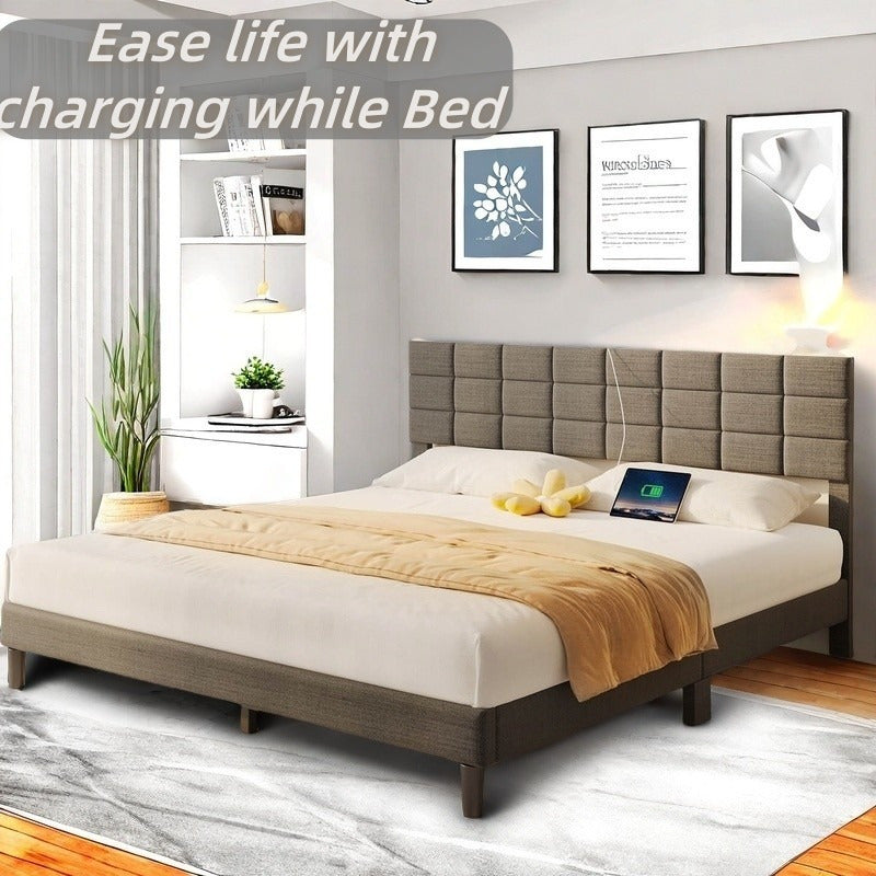 Twin/Full/Queen/King Size Platform Bed Frame with Fabric Upholstered Headboard and Wooden Slats Support, Leather Upholstered Headboard, and Built-in Charging Station, Upholstered Mattress Foundation/No Box Spring Needed/Easy
