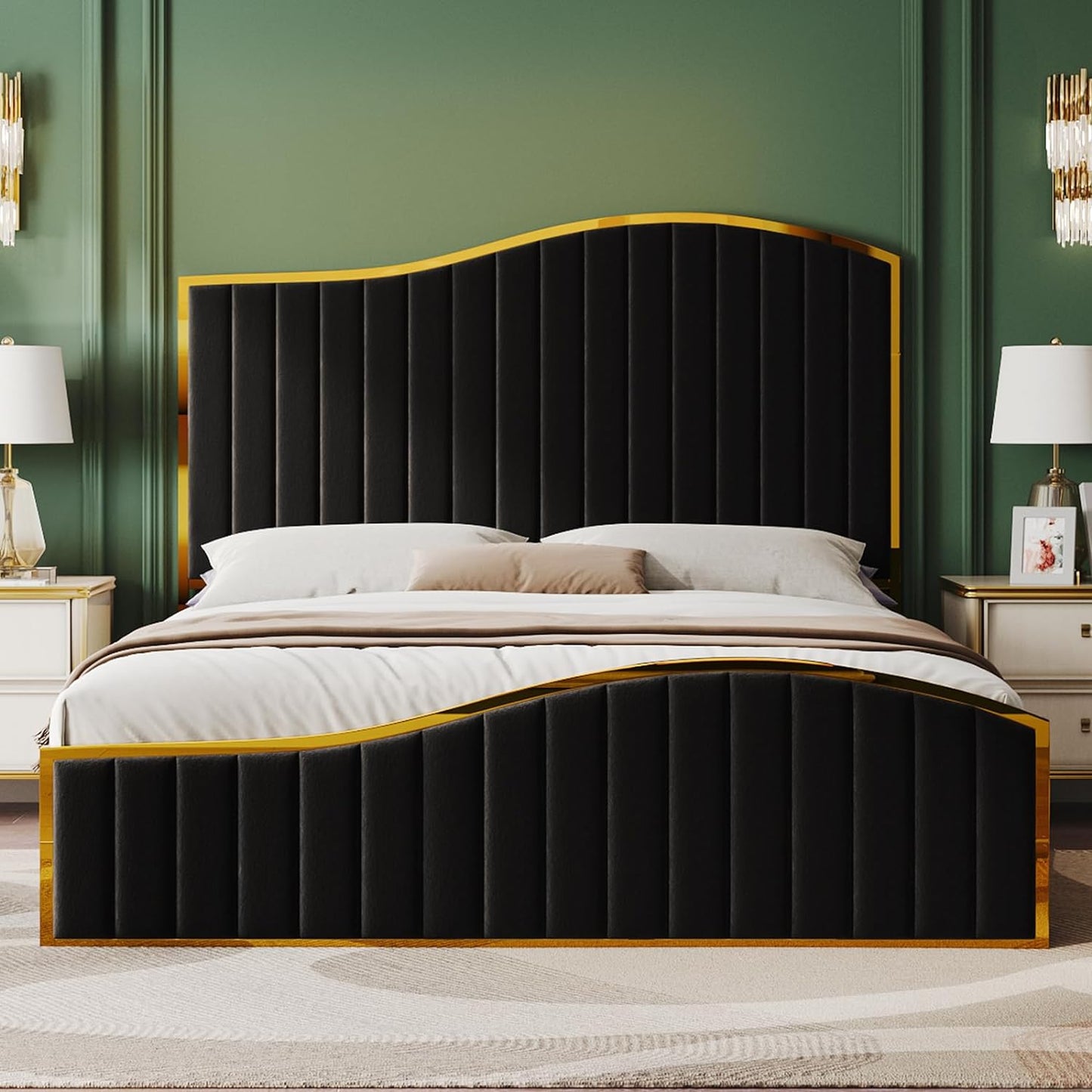 Velvet Bed Frame, 61.4" High Headboard Platform Bed Velvet Upholstered with Gold Trim & Footboard, Black
