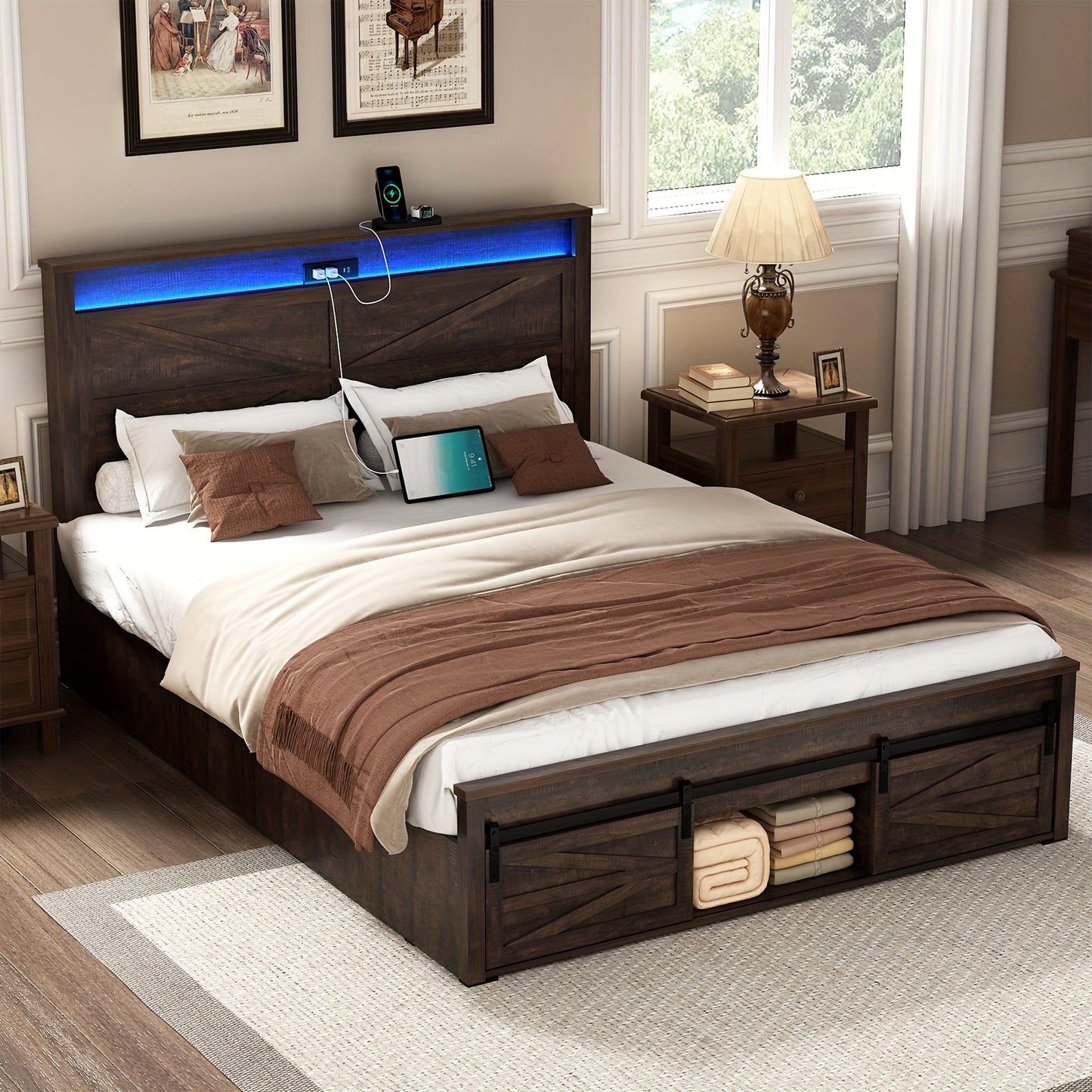 Farmhouse Queen Bed Frame - LED Lights & Charging Station