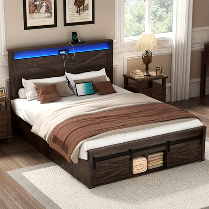 Farmhouse Queen Bed Frame - LED Lights & Charging Station