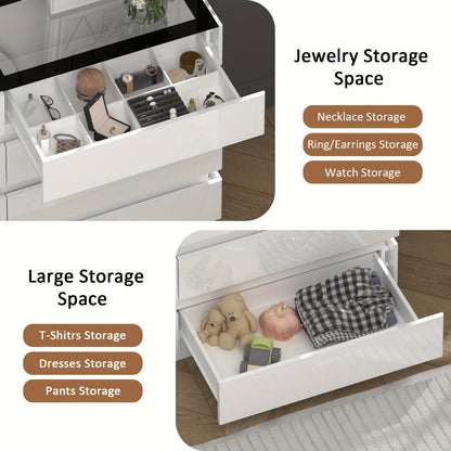 Modern 8-Drawer Dresser with Glass Top, High Gloss White Chest of Drawers, RGB LED Illumination, Wood-Based Panel & Hardwood Jewelry Display, with Closed Storage <3.2 Cubic Feet, for Bedroom, Living Room - US Plug, 110-130V