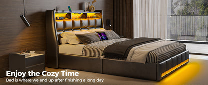 Twin Full Queen Bed Frame with LED Lighting, Built-in Charging Station, have RemotePU Leather/neutral-toned linen fabric Storage Headboard & Drawers,Heavy Duty Wood Slats, Quick & Easy Assembly - Perfect for Bedroom Furniture