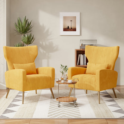 Modern Velvet Accent Chair with Metal Legs and Head Support – Cozy Mid-Century Reading Armchair, Includes Cushion and Footrest, Available in Gray/Yellow/Black