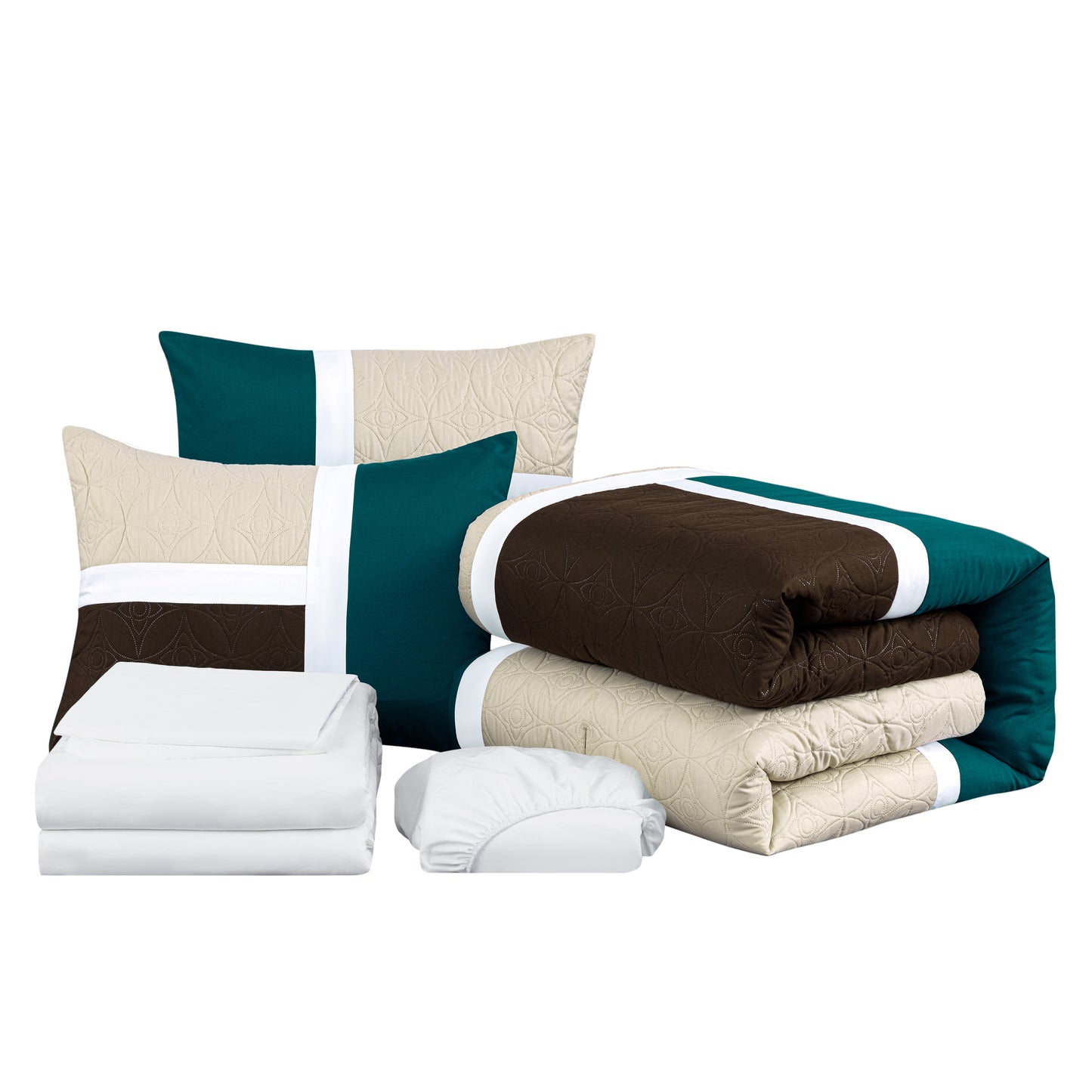 Bernard 7-Piece Patchwork Quilted Medallion Bed in a Bag Comforter Set with Sheets, California King/King/Queen/Full Size